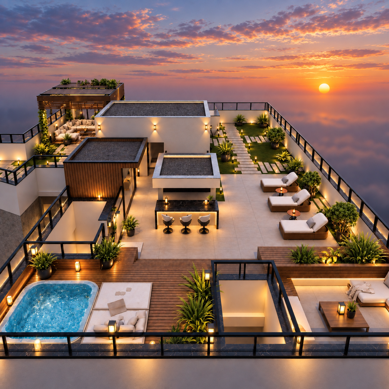 Rooftop do Tarrafal Prime Residence com jacuzzi e área de lazer ao pôr do sol